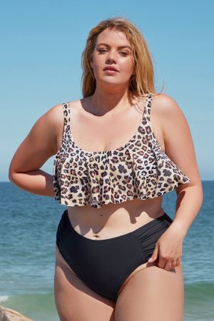 Plus Size Leopard Printed Ruffle Tankini Set