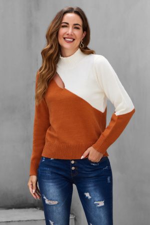 Half A Turtleneck Cut Out Patchwork Sweater
