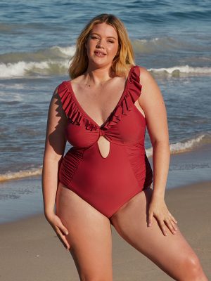 Plus Size Cutout Ruffle Solid Red One Piece Swimsuit