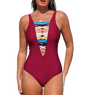 Rainbow Lace-Up Plunge One-Piece Swimsuit
