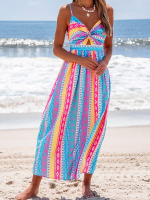 Boho Printed Front Knot Maxi Dress
