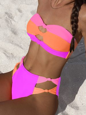 Bandeau Color Block Knot Cutout Purple Bikini Set