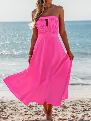 Solid Color Cut Out Strapless Vacation Midi Dress