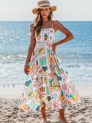 Plant Spaghetti Strap Cable Cami Sleeveless Vacation Midi Dress