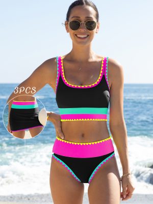 3-Piece Colorblock Bikini Set with Skirt