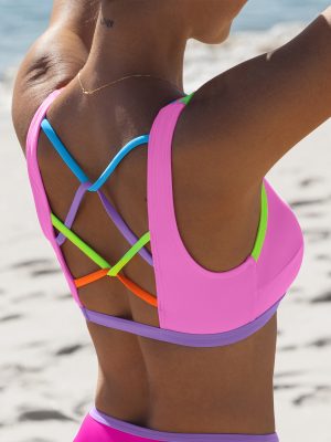 Color Contrast Lace Up Patchwork Bikini Tops