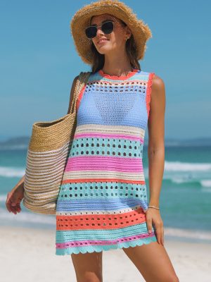 Colorful Crochet Stripe Open-Back Cover-Up Dress