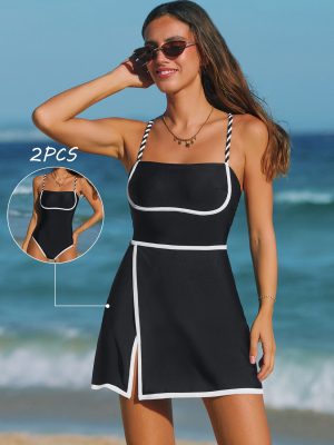 Contrast Trim Cross-Back Swim Dress One-Piece