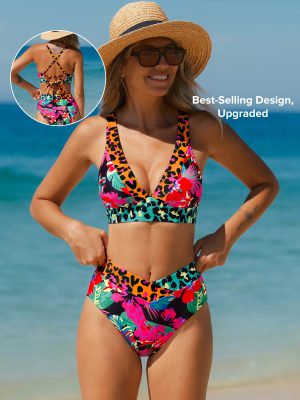 Upgraded Patchwork Print Cross-Back High-Waist Bikini Set
