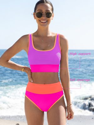 Colorblock Scoop Neck Bikini Set with High-Waist Bikini Set
