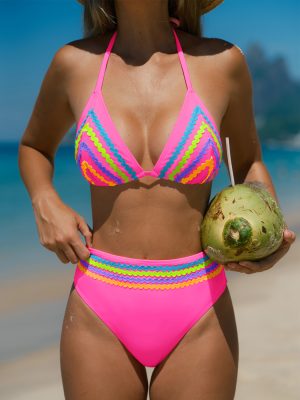 Color Trim Halter Bikini Set