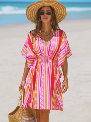 Stripes Mixed Flower Print Ruched Cable Cover-Ups