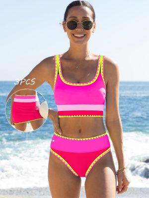 3-Piece Colorblock Bikini Set with Skirt