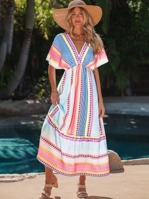 Boho Stripe V-Neck Back-Tie Midi Dress