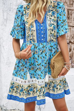 Drawstring Button Design Ethnic Straight Mini Dress